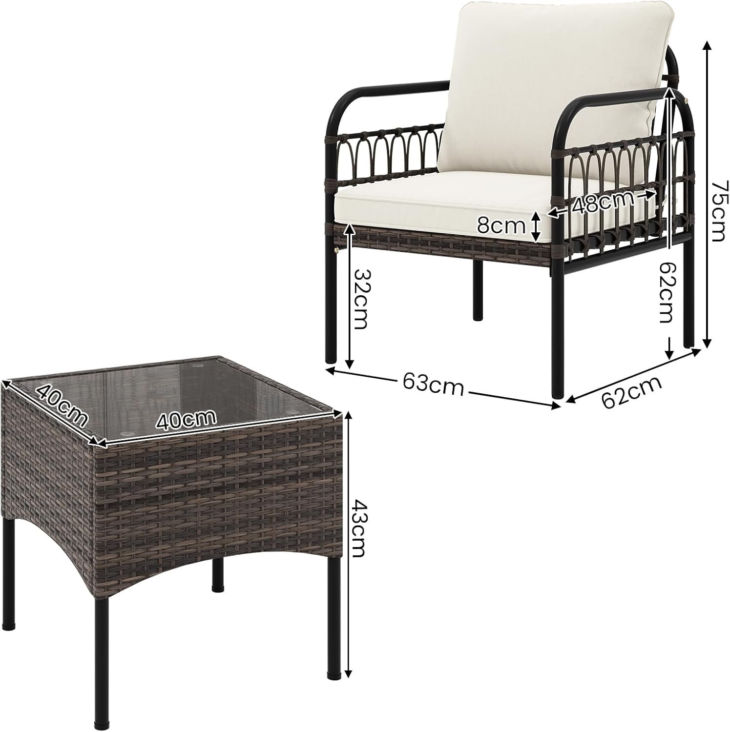 3pc Outdoor Rattan Bistro Set Cushioned Chairs Glass Table Patio Balcony