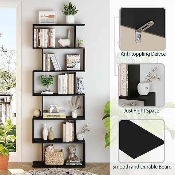 6-Tier S-Shaped Bookshelf Black | Tall Modern Display Shelf Unit for Home Office