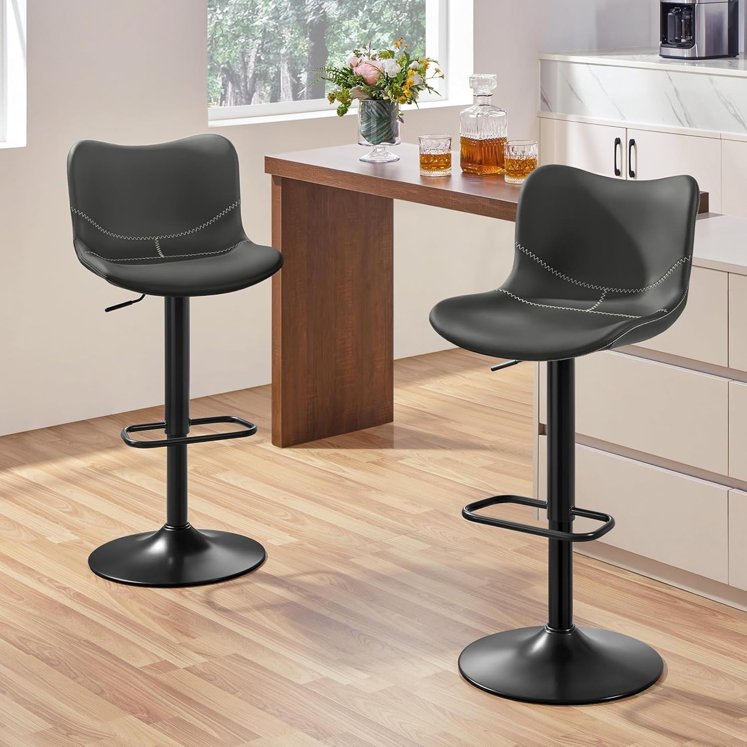 Adjustable Swivel Bar Stools Set of 2 Dark Grey PU Counter Height