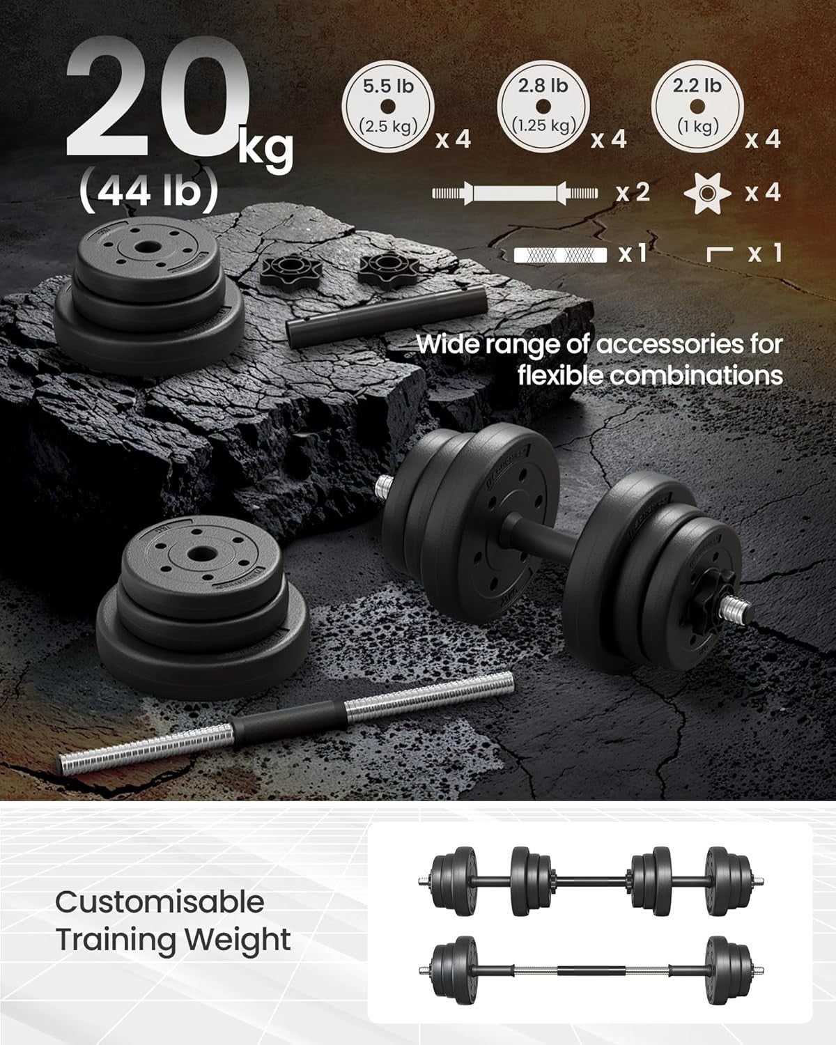 30kg Adjustable Dumbbell Barbell Set 2-in-1 Home Gym Free Weights