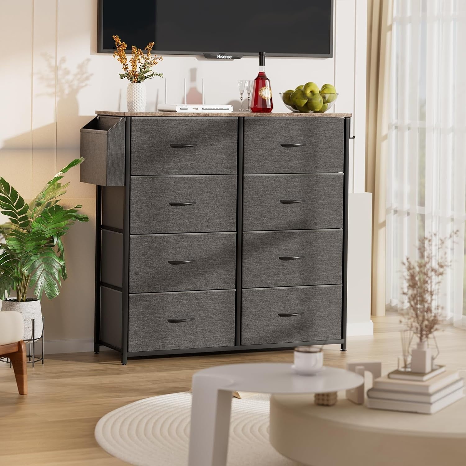 8 Drawer Dark Grey Storage Cabinet w/ Side Pocket & Labels 80x30x97cm