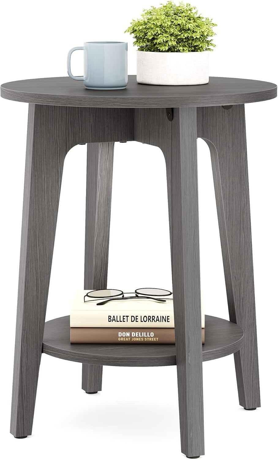 Smoky Grey Round Side Table with Lower Shelf, Modern Small End Table