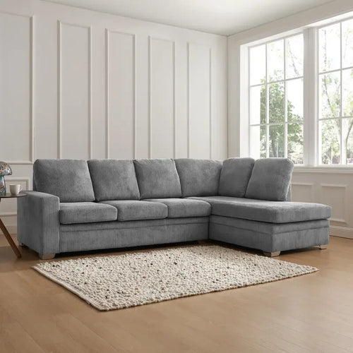 Grey Jumbo Cord Corner Sofa RH Chaise 4-Seater Deep Seat Lounge Couch