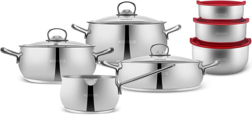 13pc Stainless Steel Induction Cookware Set with Glass Lids & Storage Containers