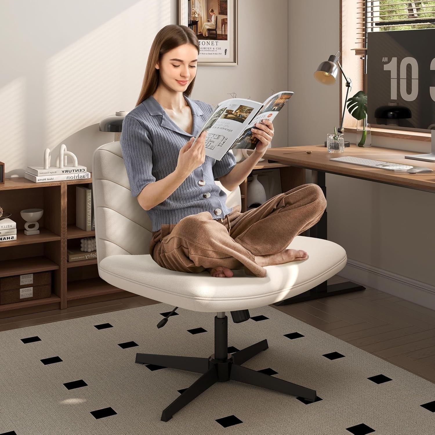 Office Chair Armless Desk Task Adjustable Height Swivel Study Home Beige