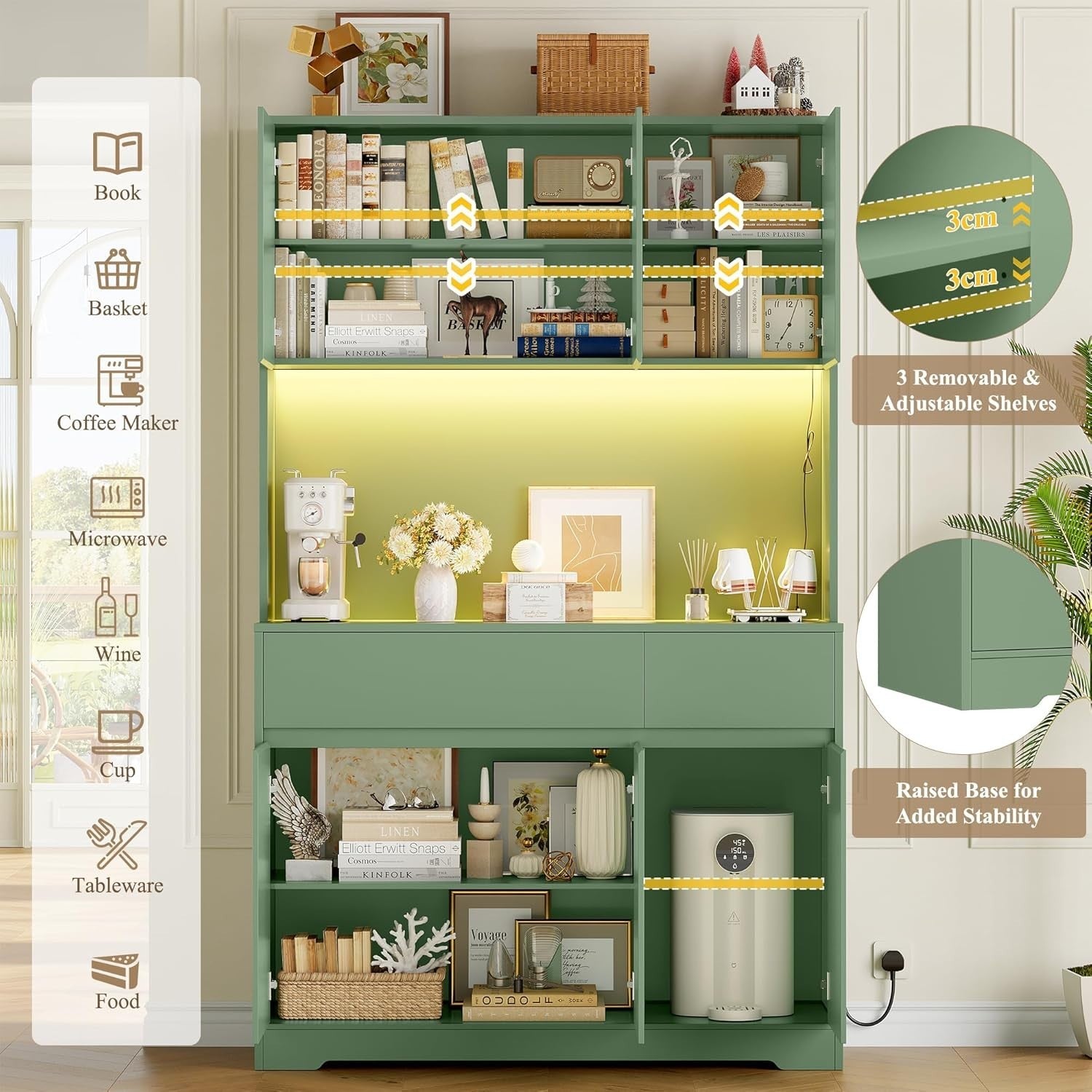 Green 180cm Tall Kitchen Cupboard 6 Doors 2 Drawers LED & Power Outlet