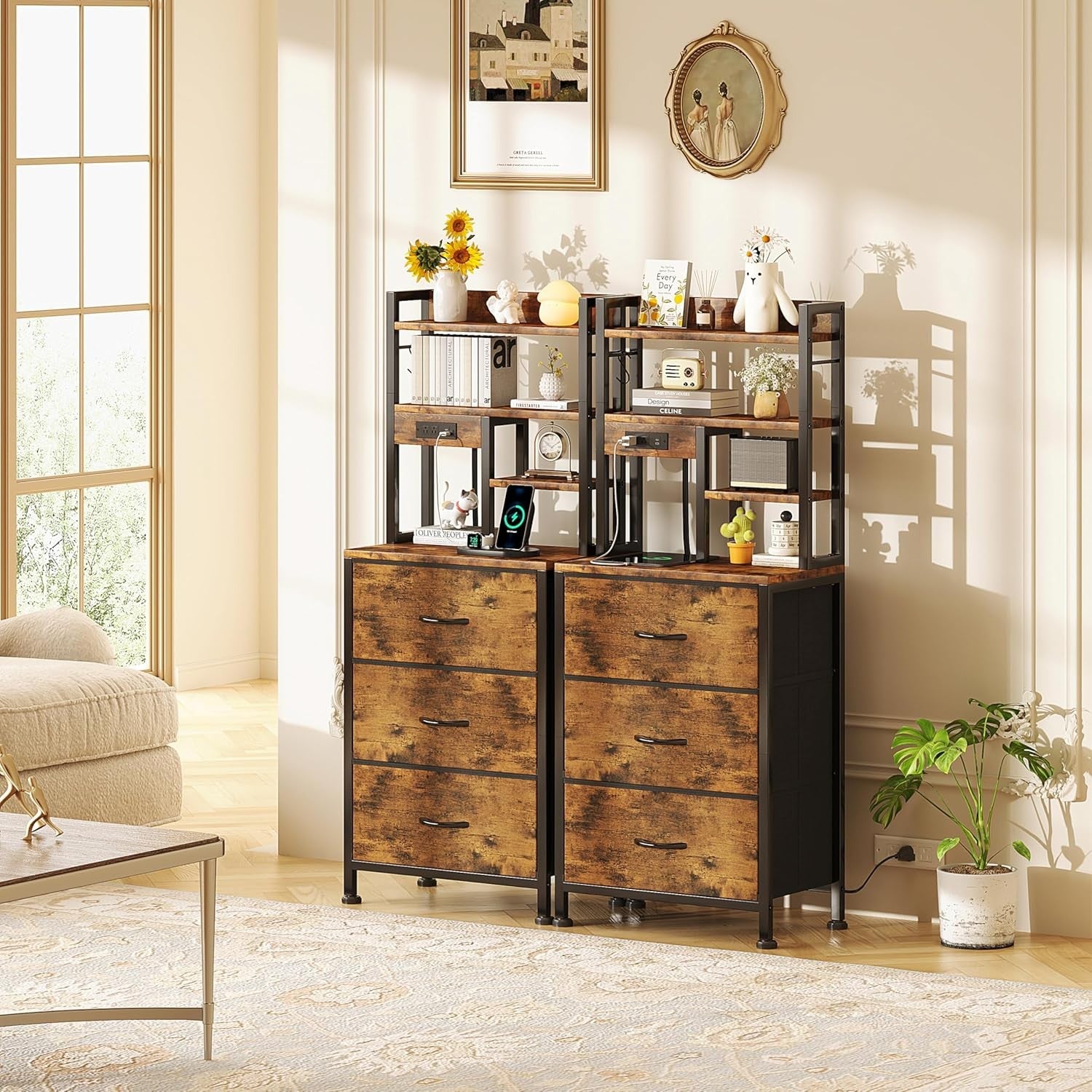 Tall Bedside Table with LED Lights Charging Ports Drawers Shelves Rustic Brown