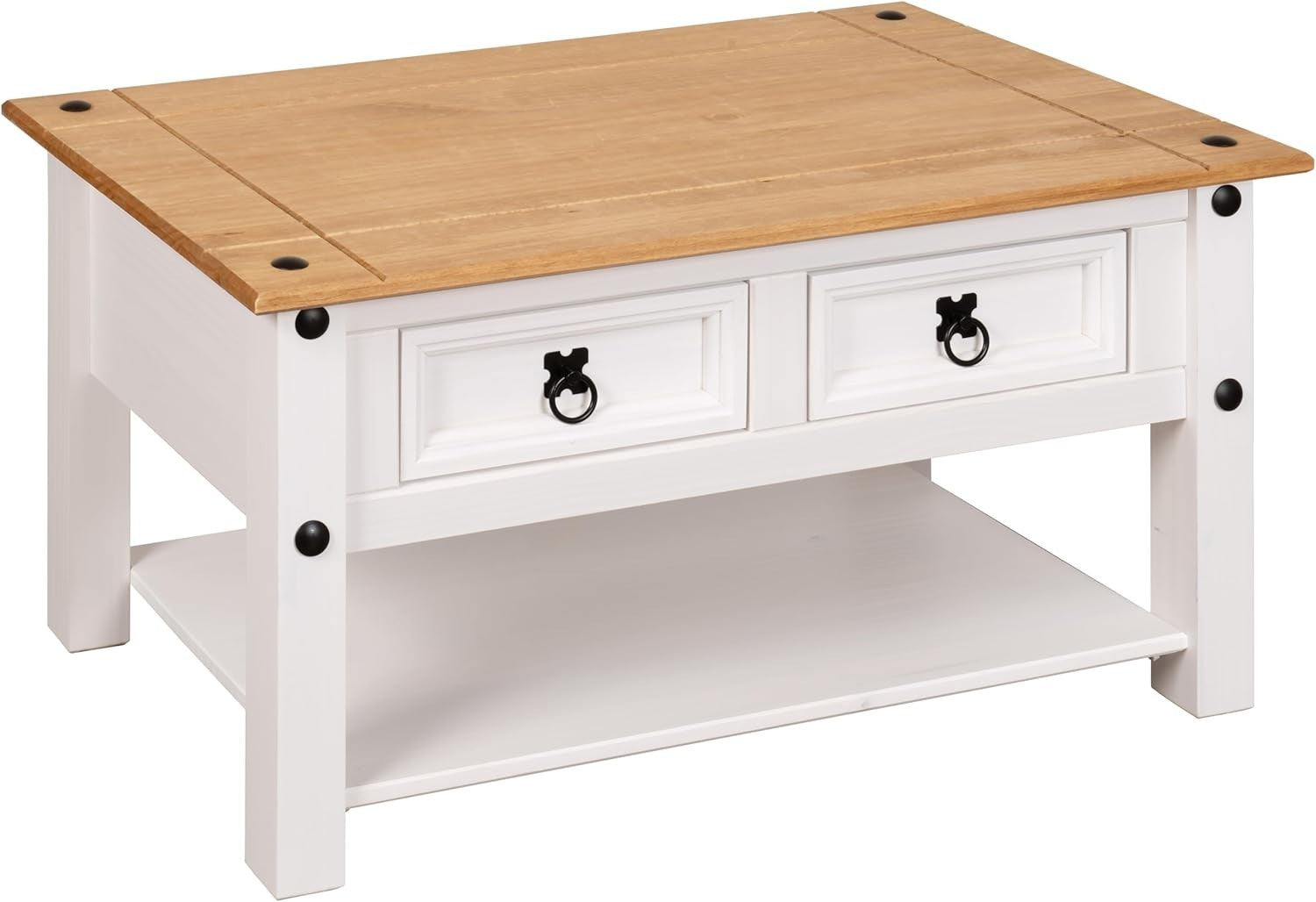 Solid Pine White Coffee Table with 2 Drawers Mexican Style 85x50x45cm