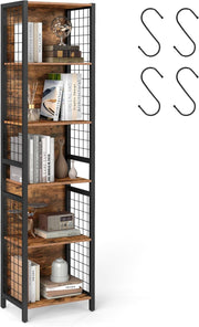 6-Tier Rustic Bookshelf with Hooks | Tall Industrial Storage Shelving Unit Home