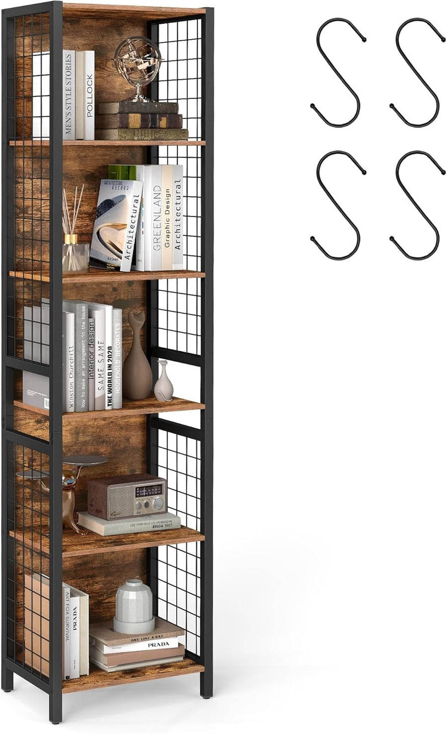 6-Tier Rustic Bookshelf with Hooks | Tall Industrial Storage Shelving Unit Home