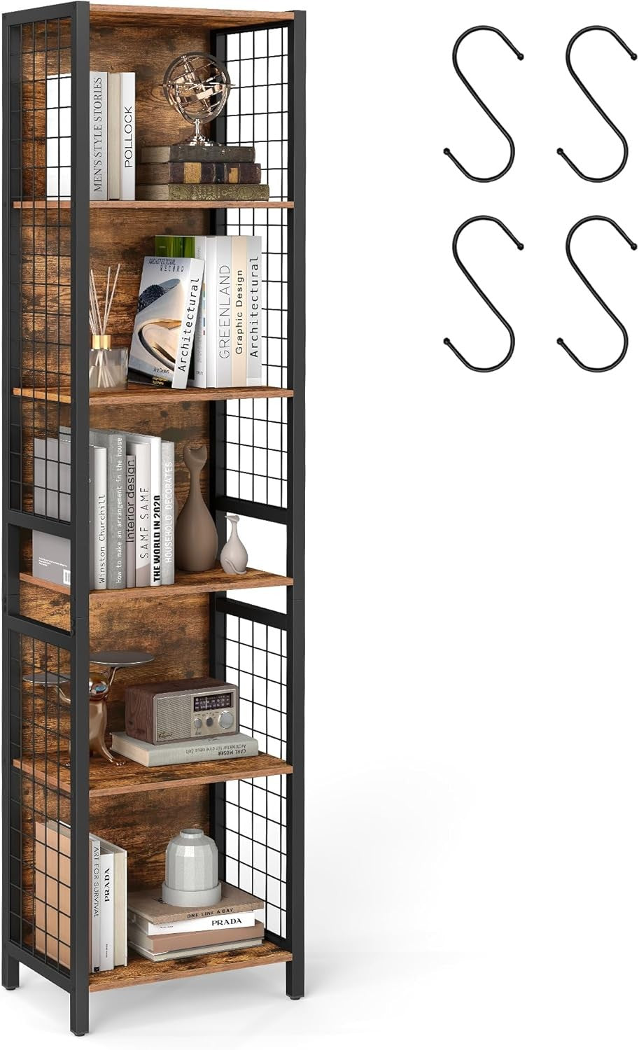 6-Tier Rustic Bookshelf with Hooks | Tall Industrial Storage Shelving Unit Home