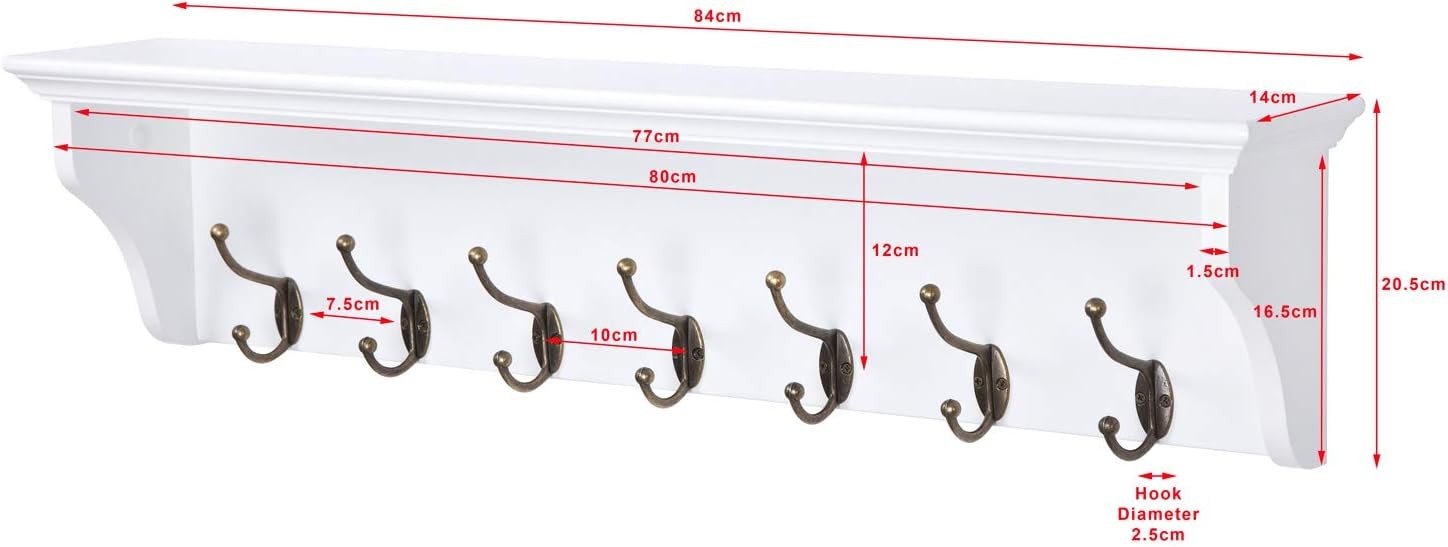 White Wooden Wall Coat Rack with Shelf & 7 Hooks – Hallway Bathroom Organizer