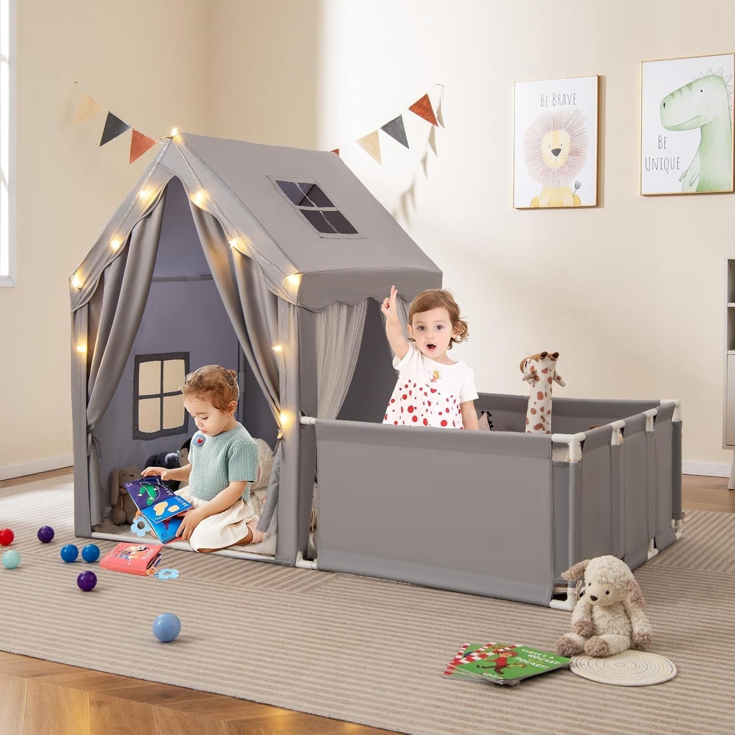 Kids Play Tent Grey Castle with Lights Mat Indoor Toddler Playhouse
