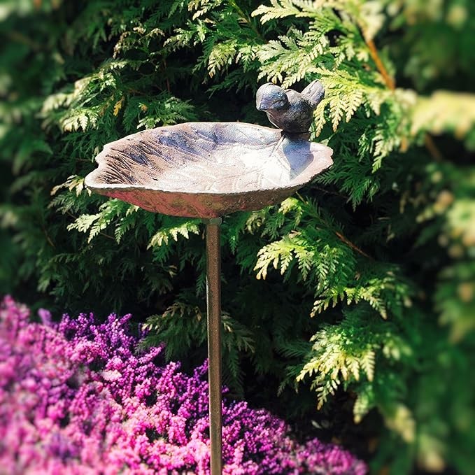 Cast Iron Leaf Bird Bath with Bird – Garden Stake Feeder Outdoor Ornament