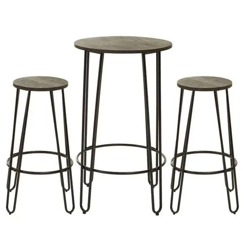 3Pc Bar Table and Stool Set Industrial Elm Wood Metal Pub Dining Set