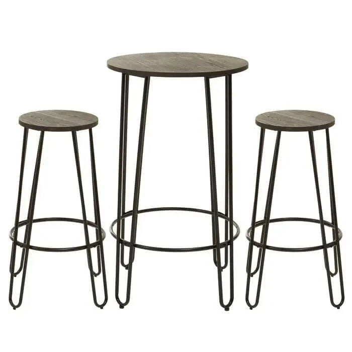 3Pc Bar Table and Stool Set Industrial Elm Wood Metal Pub Dining Set