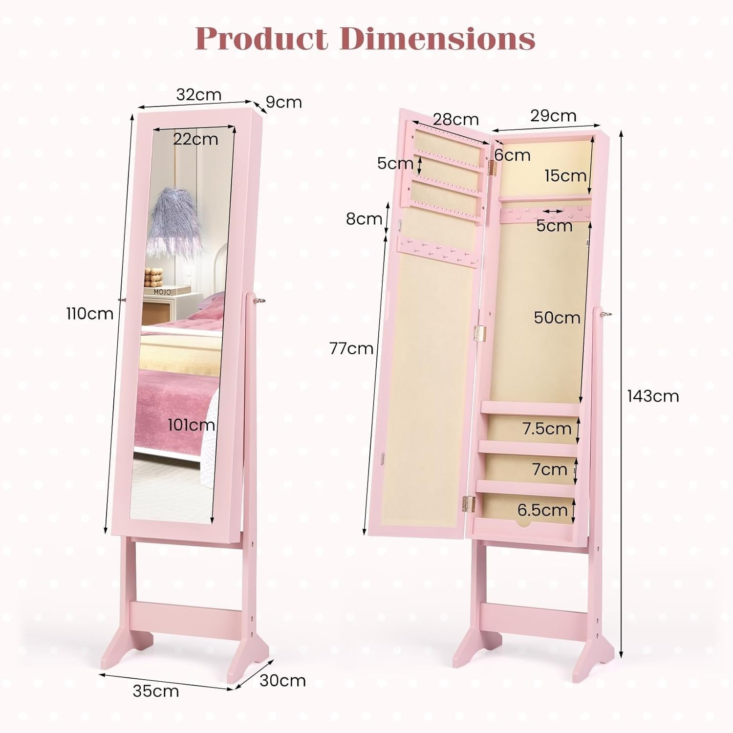 Full Length Mirror Jewelry Cabinet Freestanding Armoire Large Storage