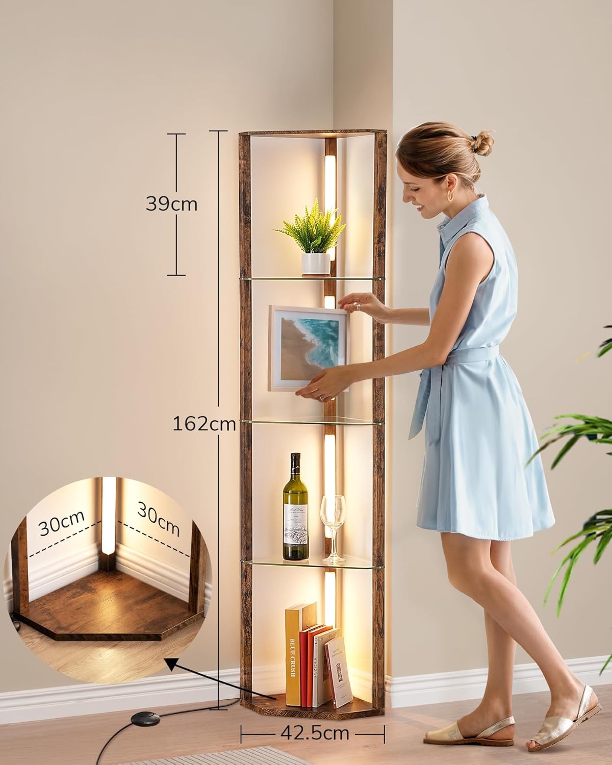 LED Floor Lamp with Glass Shelves Dimmable Corner Standing Display Light