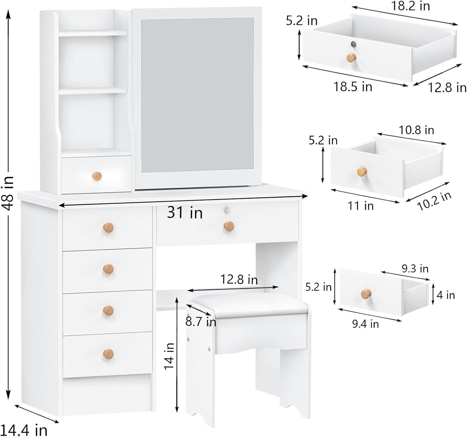 White XL Vanity Makeup Dressing Table Dresser Mirror Lights Drawers Storage