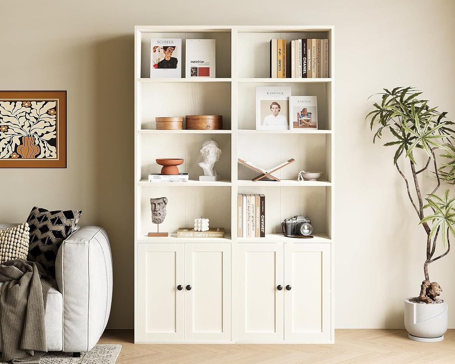 White 6 Tier Bookcase with Doors Tall Storage Cabinet Adjustable Shelves Home Of