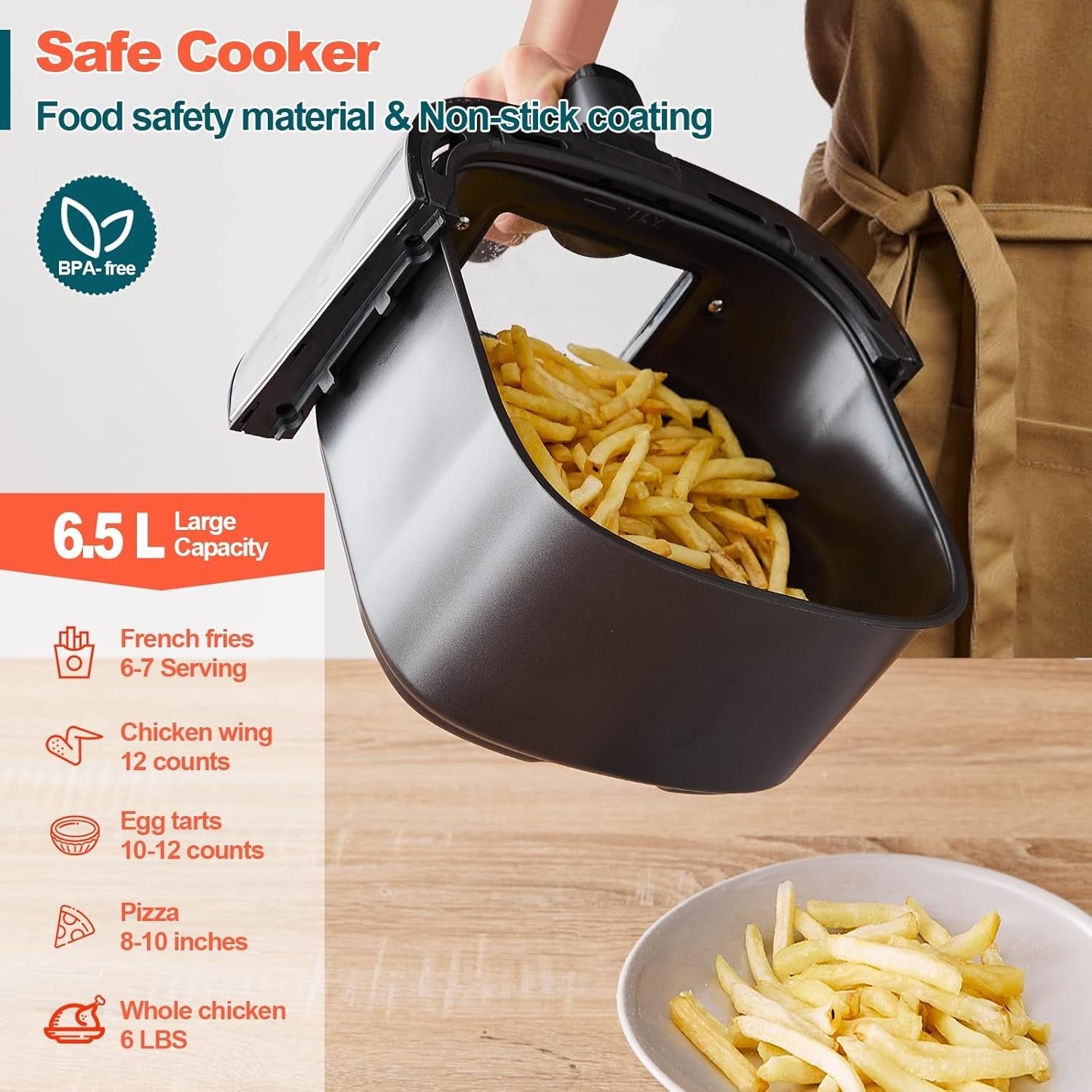 6.5L Air Fryer 1700W Rapid Air Dual Knob Window Non Stick Basket
