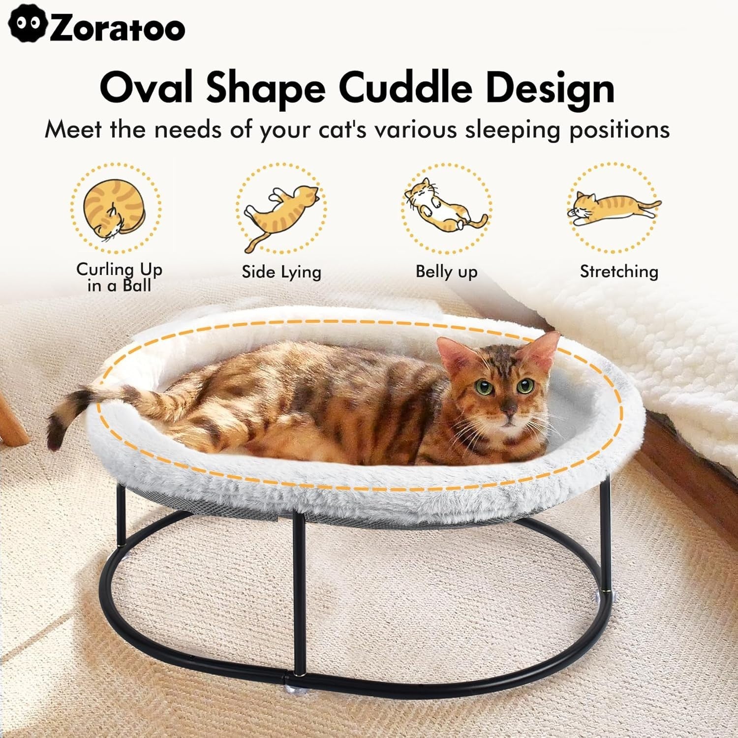 Elevated Cat Hammock Bed Oval Plush Cuddle Pet Bed w Detachable Pad