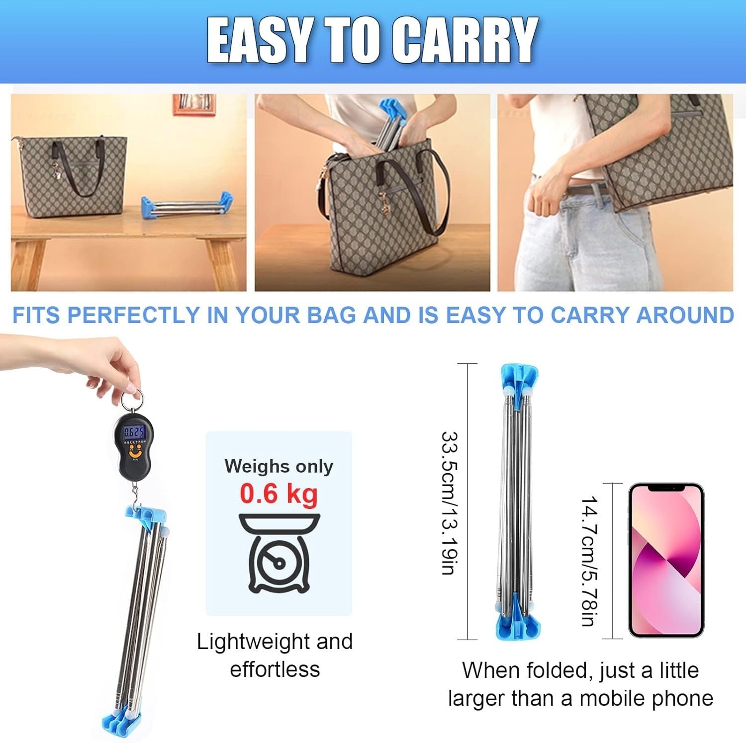 Portable Travel Clothes Rack Retractable Foldable Blue Stainless