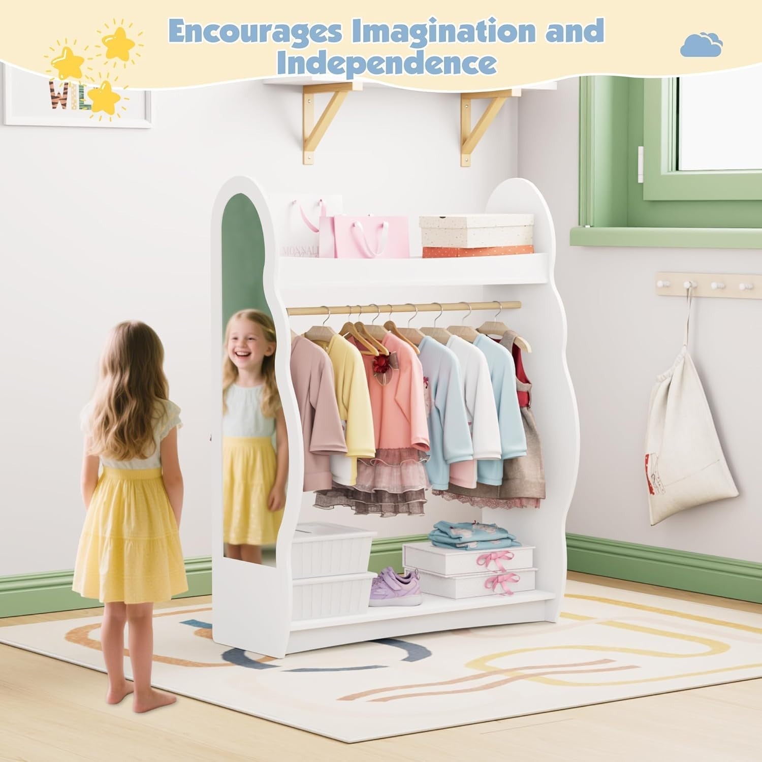 Kids Wardrobe with Mirror & Hanging Rail, No Drawers, White Cloud Design