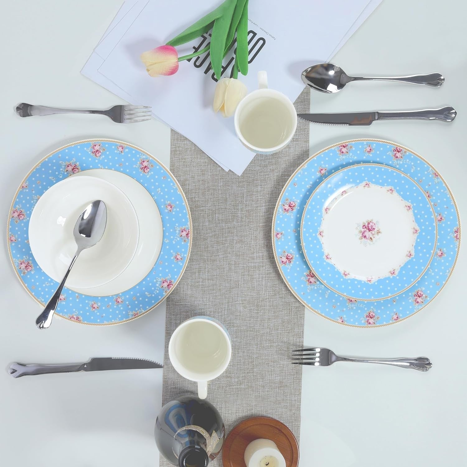 12pc Blue Floral Dinner Set Porcelain Plates Bowls Dishwasher Safe Service for 4