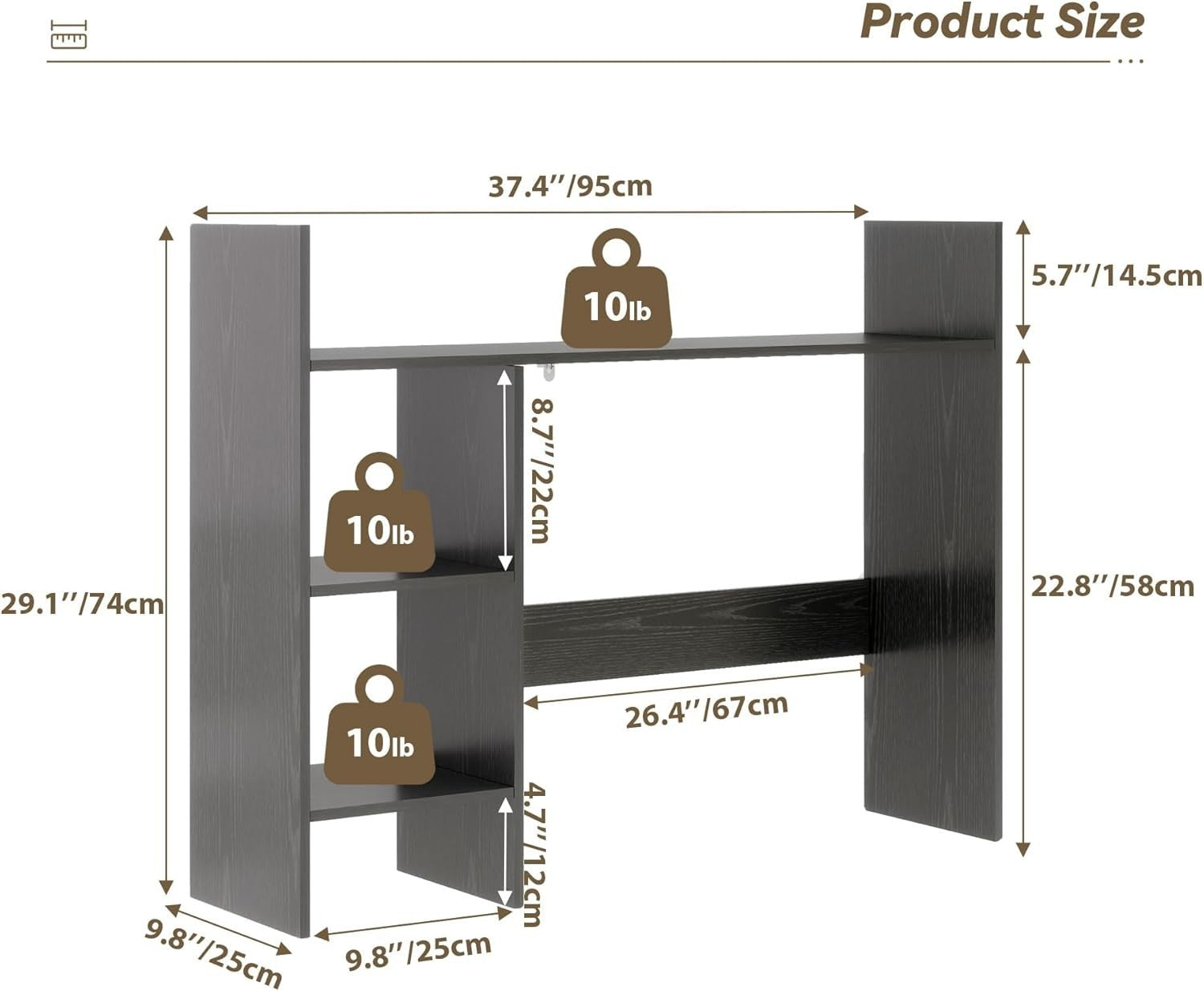 37.4" Desk Hutch Shelf Black | 3-Tier Desktop Bookshelf Organizer for Monitor