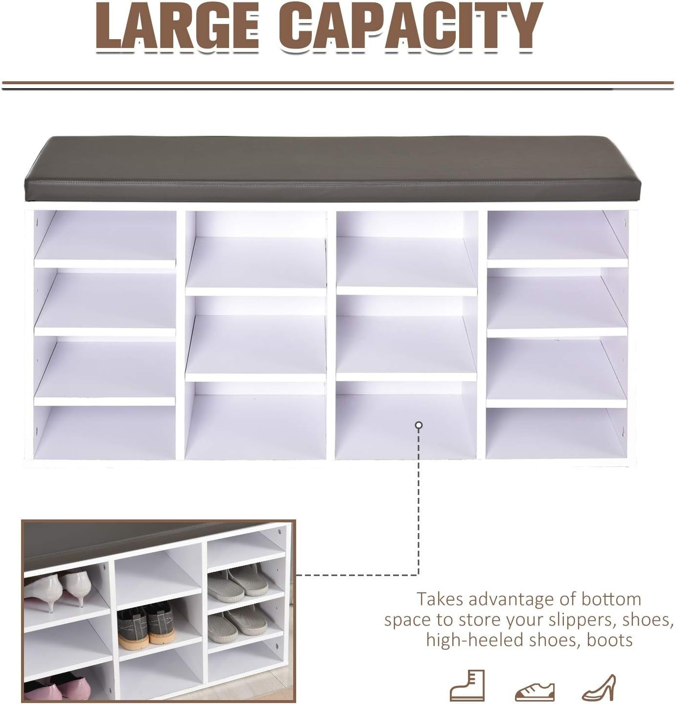 Multi-Storage Shoe Rack with Cushion & 14 Compartments, 103.5x30x48 cm White