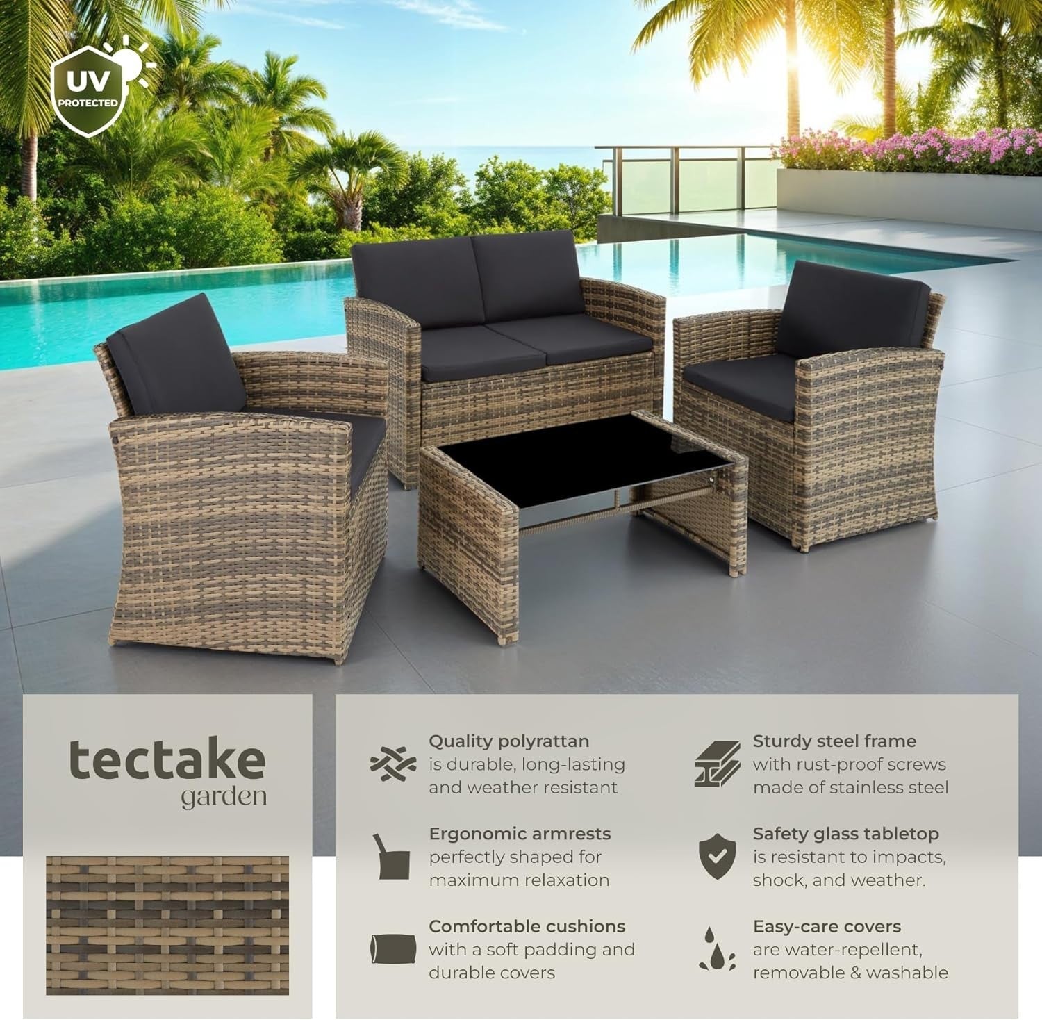 Rattan Garden Sofa Set 4-Seater Outdoor Lounge w/ Cushions & Glass Table