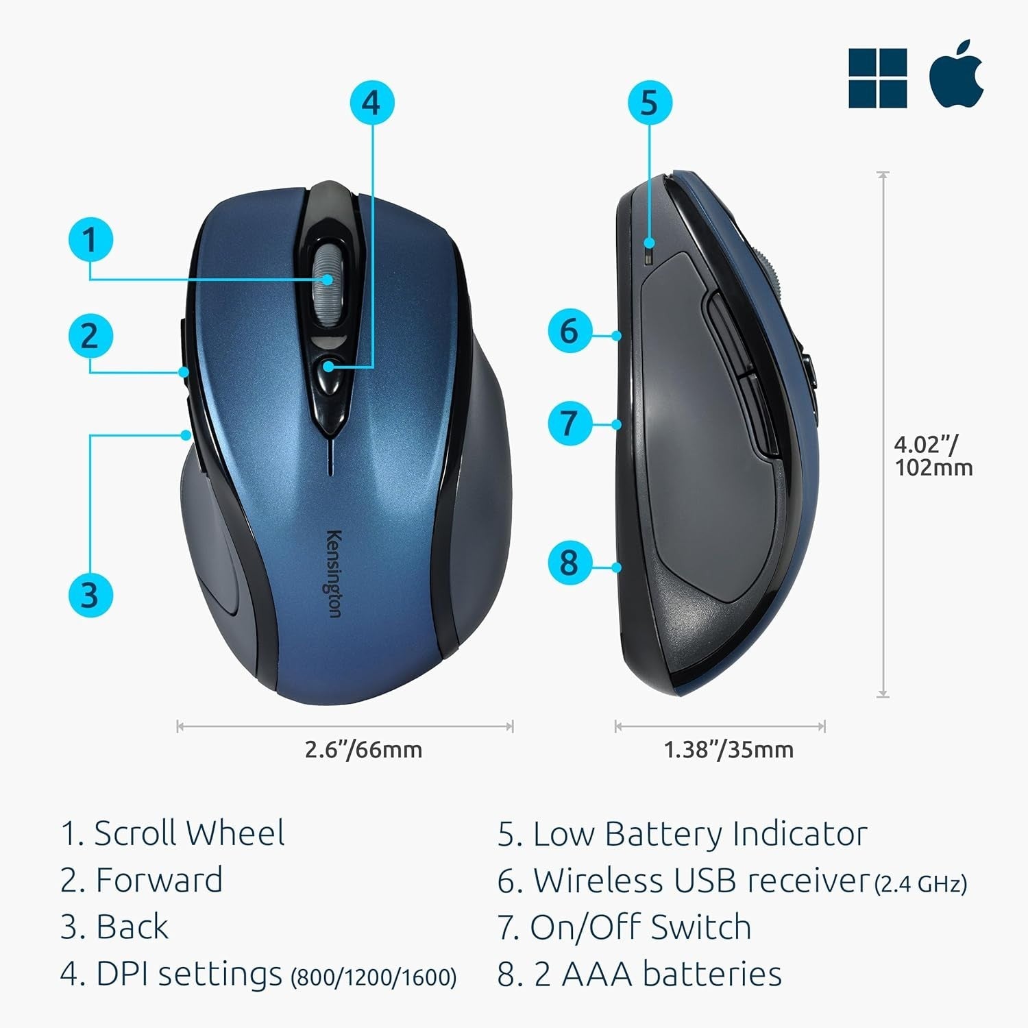 Wireless Mouse Mid Size 5 Button Optical Ergonomic USB Receiver