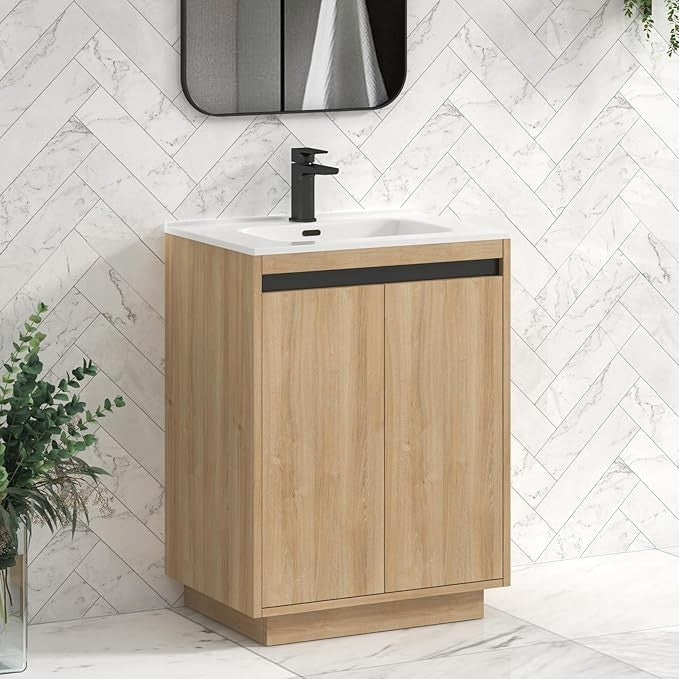 600mm Oak Floor Standing Vanity Unit with Basin Sink 2 Door Bathroom Cabinet