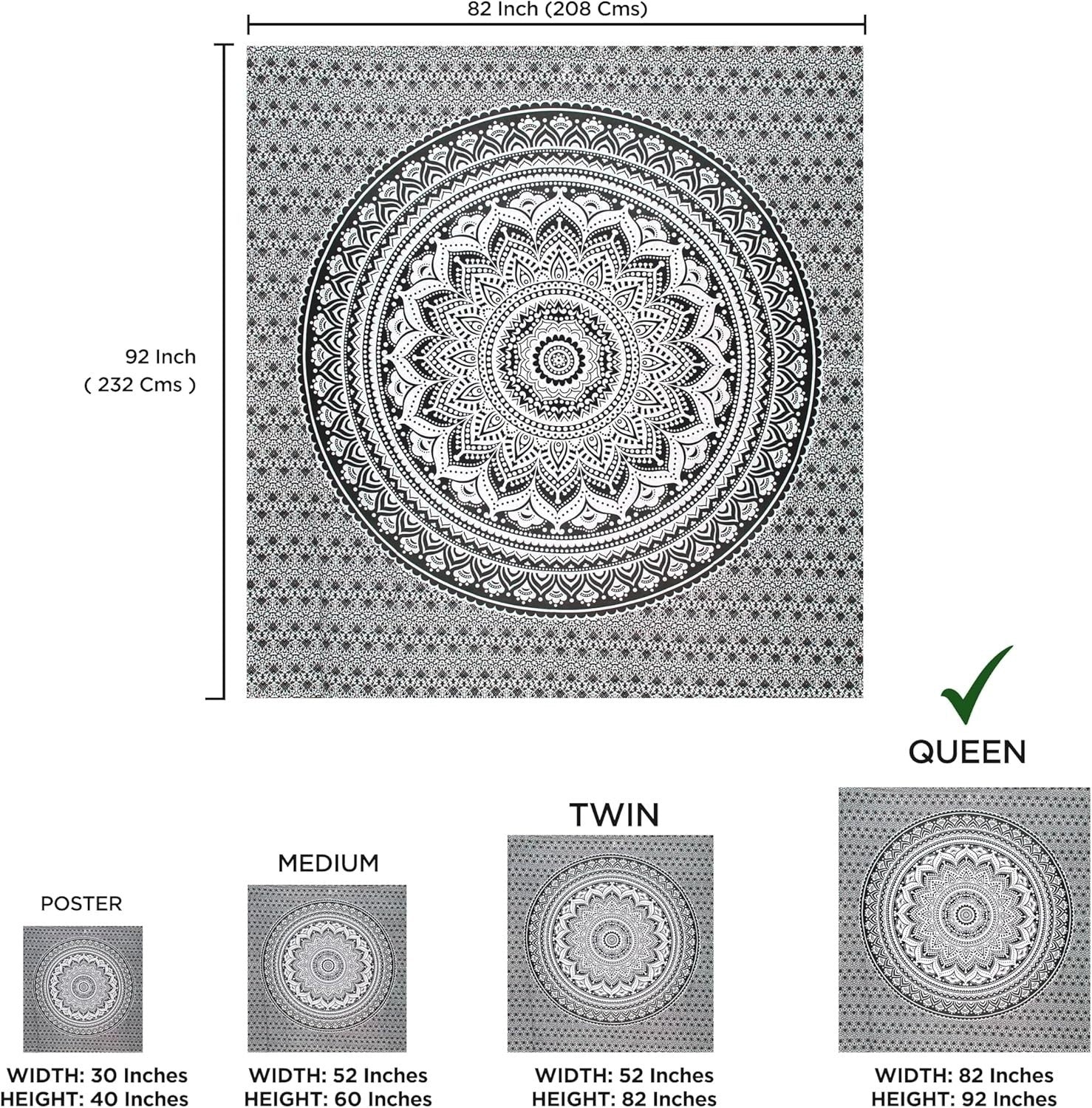 Black White Ombre Mandala Tapestry 82x87" Cotton Wall Hanging