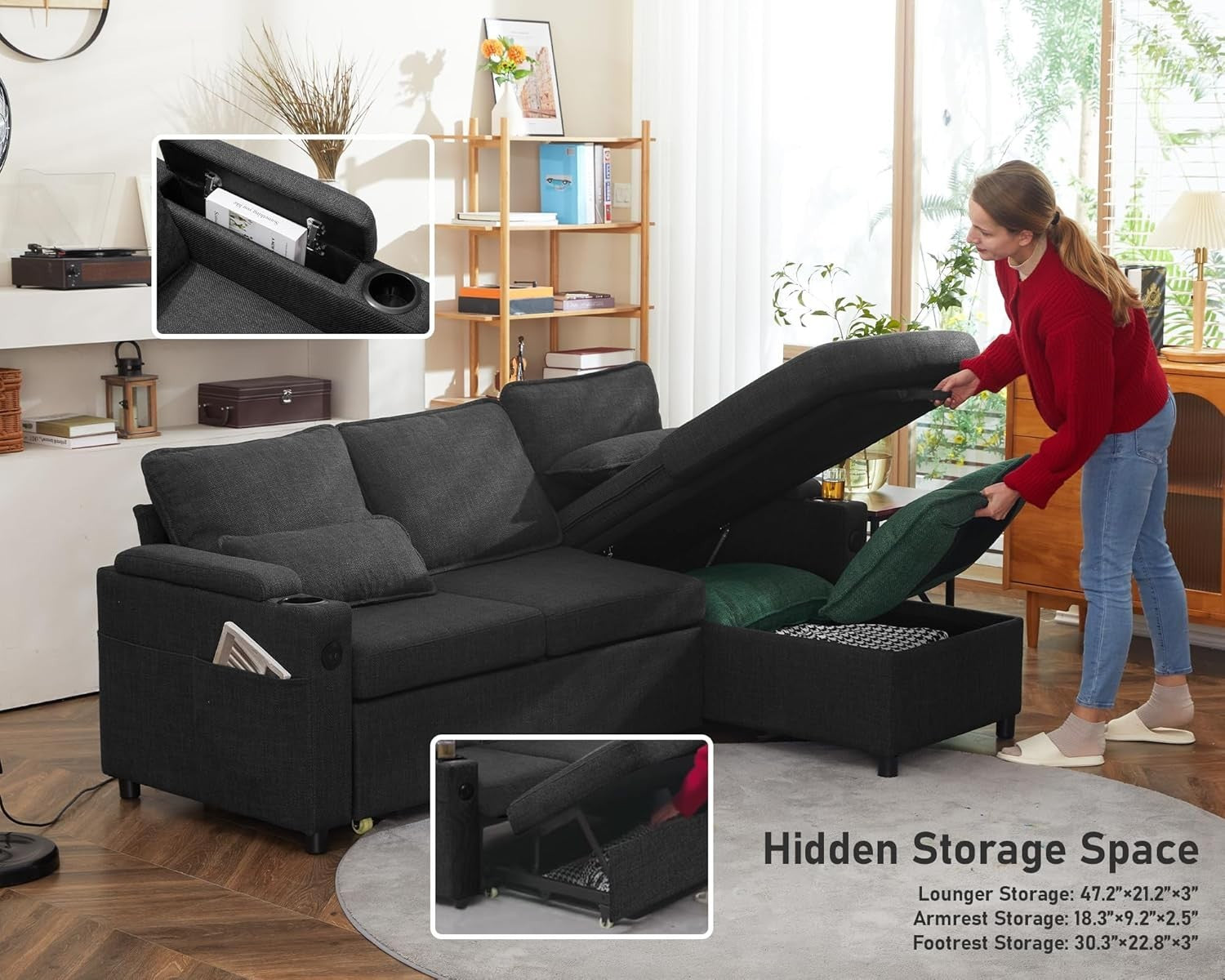 Pull Out Corner Sofa Bed Storage USB Cup Holder Sleeper Couch Grey
