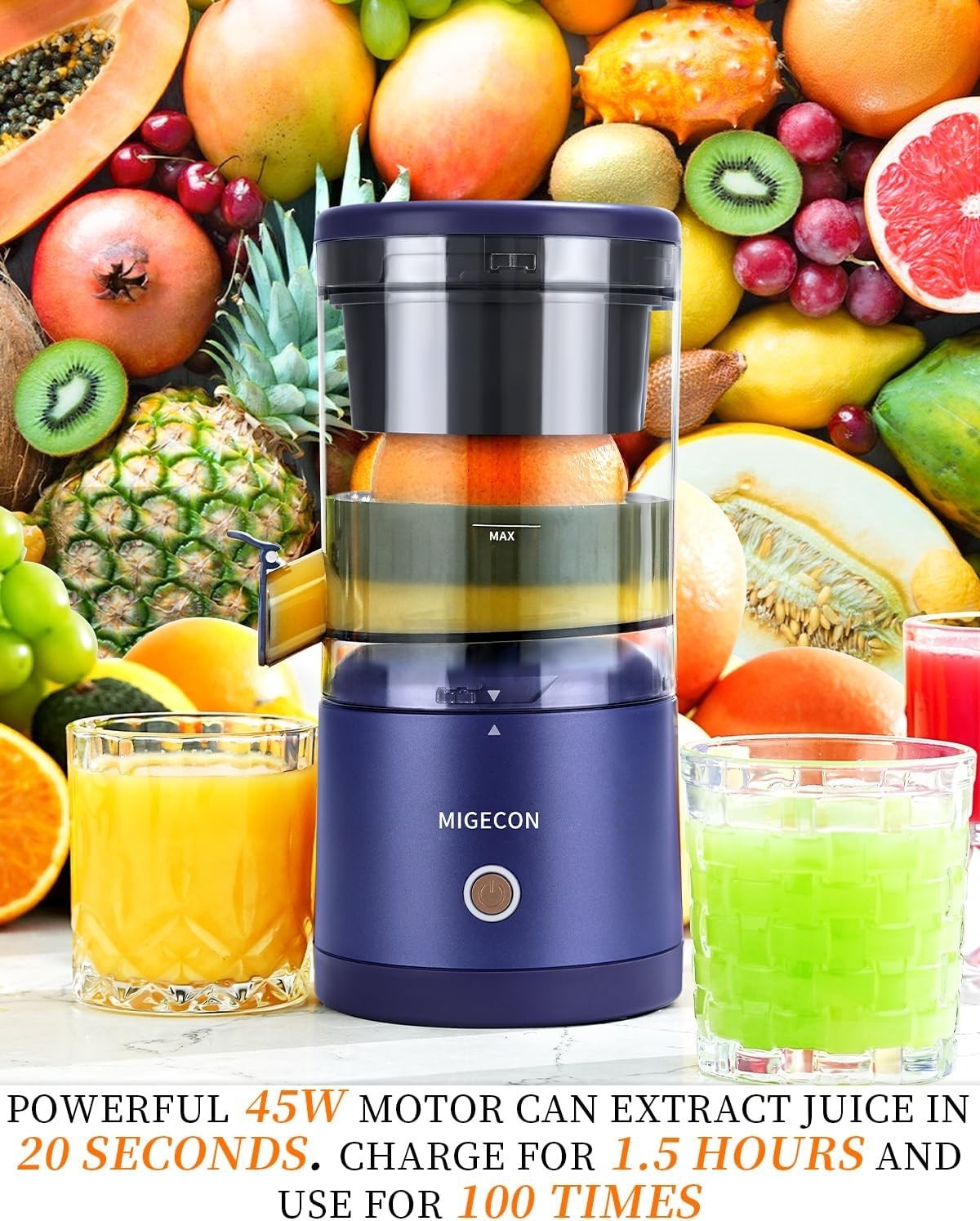 Cordless Electric Citrus Juicer USB Rechargeable Portable Anti Drip 20s