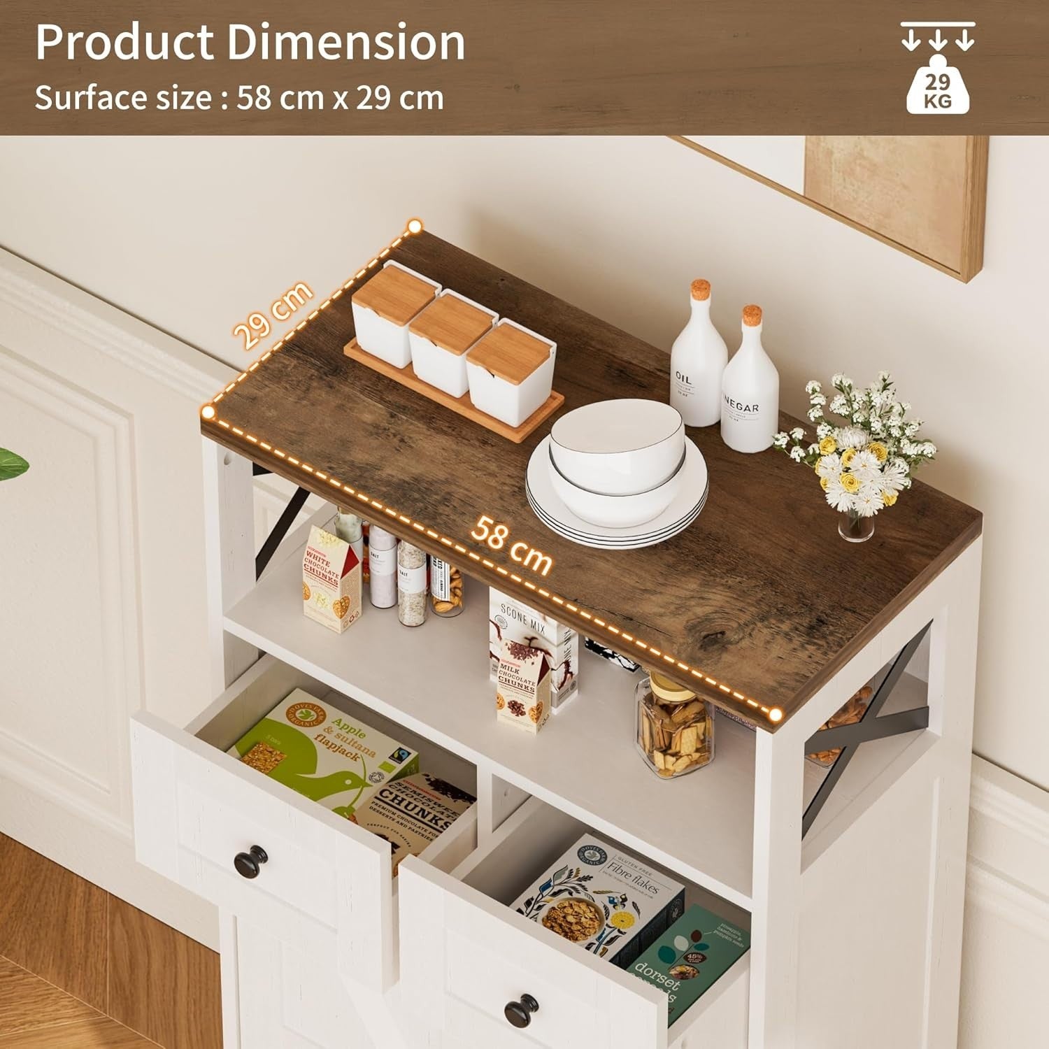 White Kitchen Sideboard Cabinet with Drawers & Shelf Storage Unit