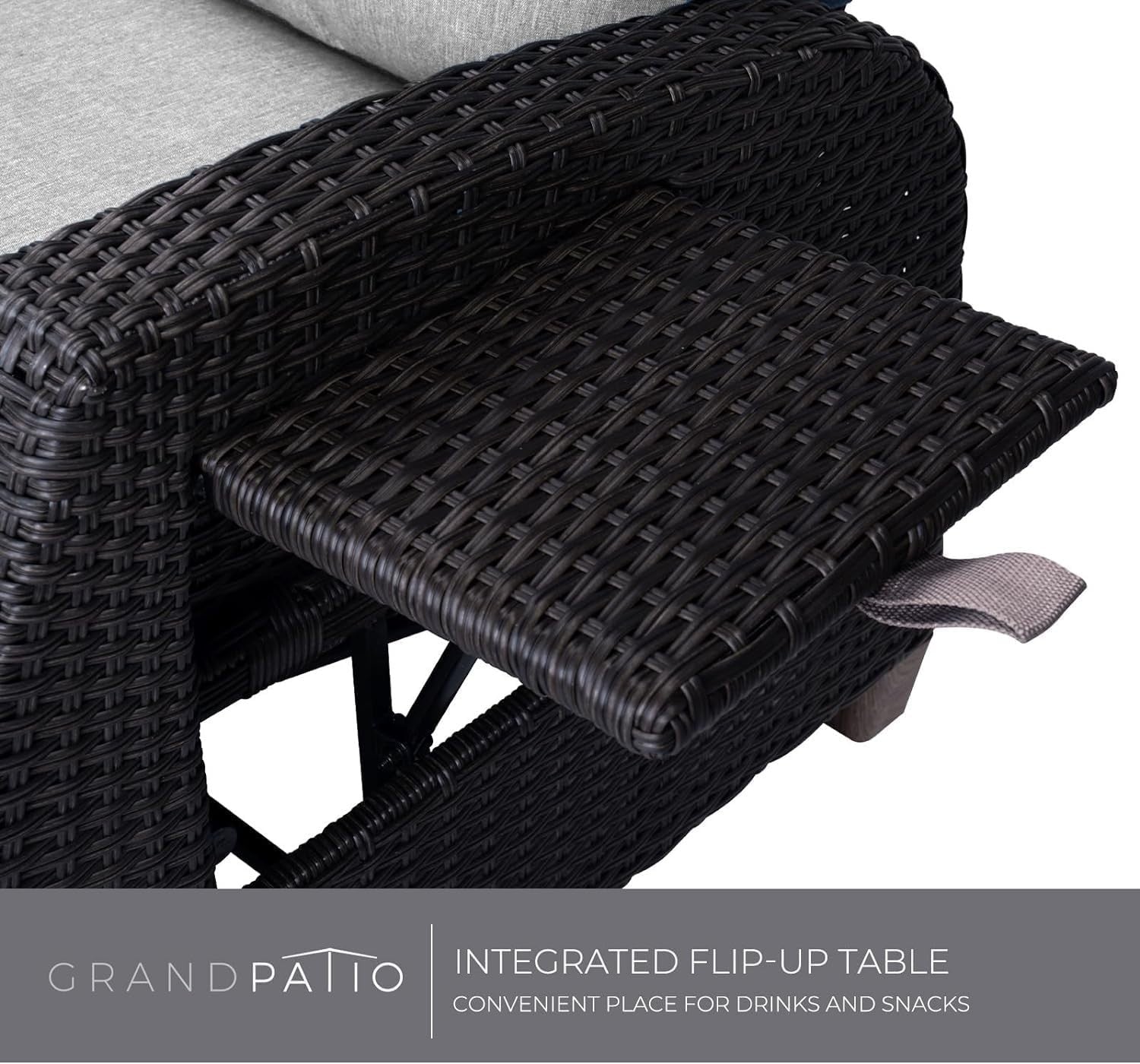 Adjustable Outdoor Recliner Wicker Patio Lounger with Flip Table Beige