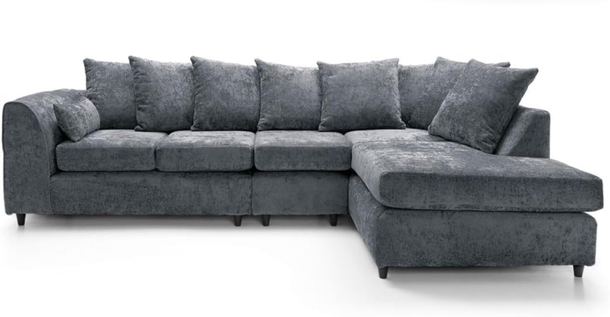 Charcoal Grey RH Corner Sofa – 5 Seater L Shape Chenille Couch with Footstool