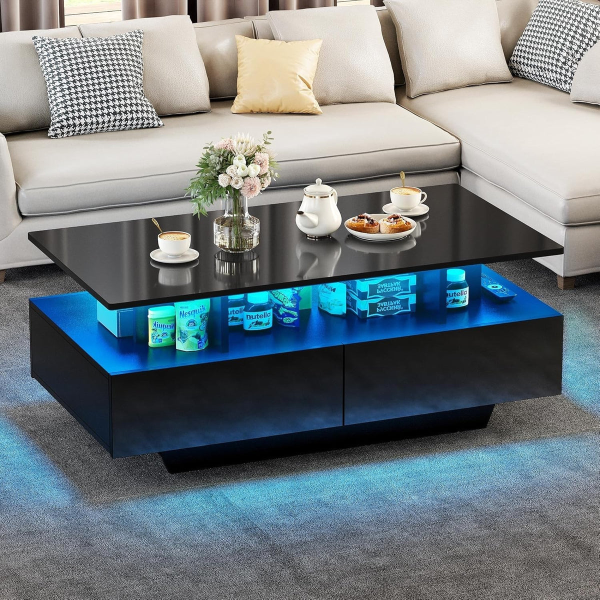 Black LED Coffee Table with Storage Drawers Gloss Finish | 16-Color Lights