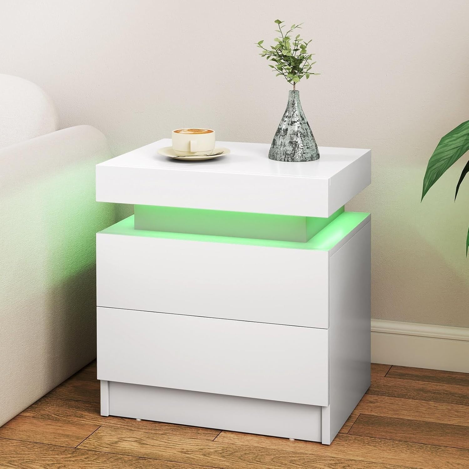 LED Bedside Table, White High Gloss Nightstand with RGB Lights & 2 Drawers