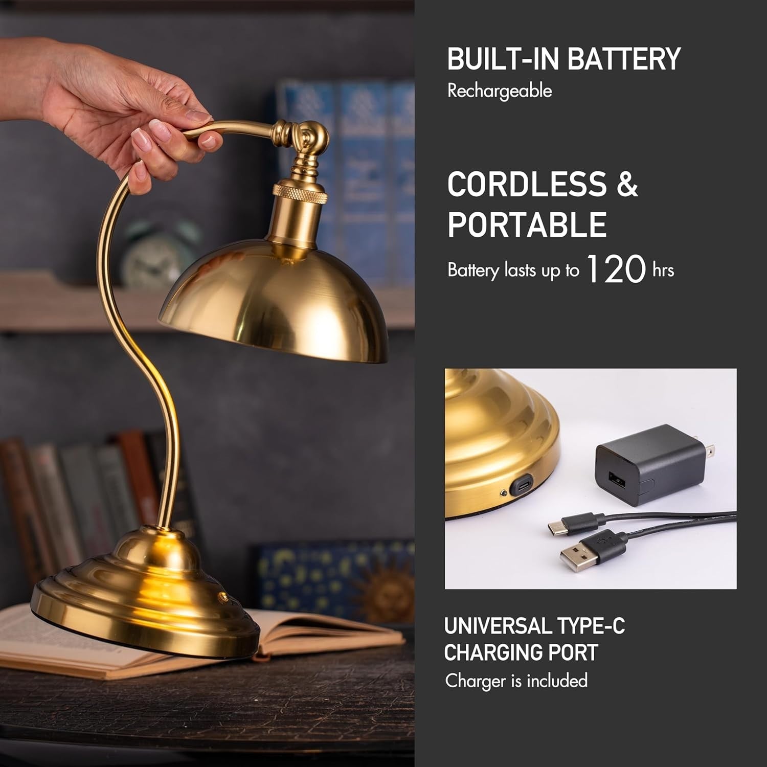 Rechargeable Cordless LED Desk Lamp with USB-C, Dimmable & Swivel Head