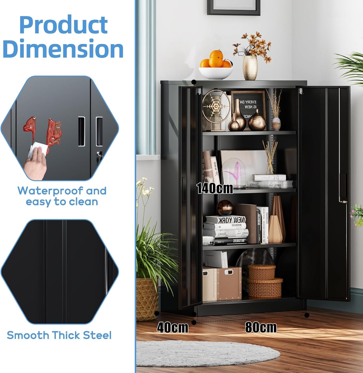 Metal Storage Cabinet 2 Doors 3 Adjustable Shelves Lockable Steel Cupboard Black