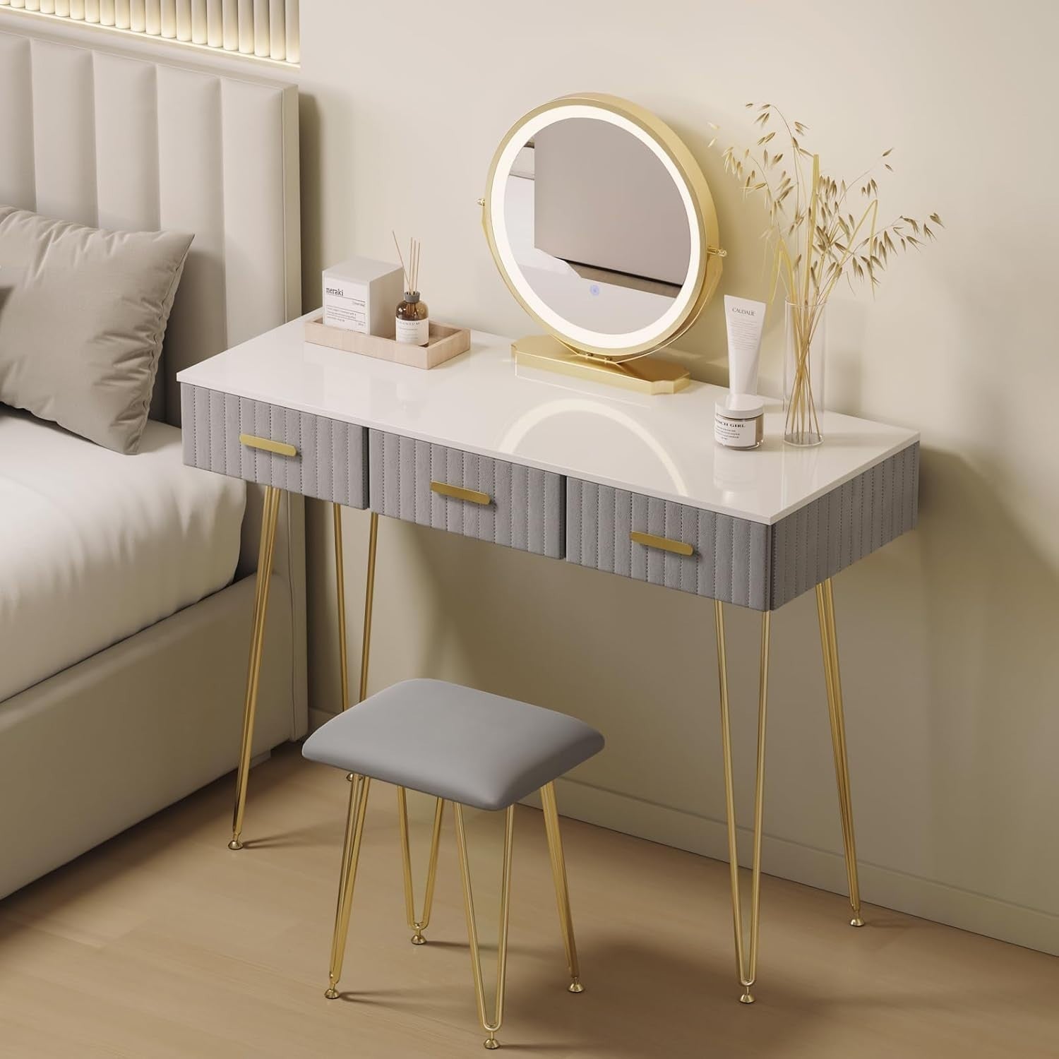 Velvet Vanity Dressing Table Set LED Mirror Stool 3 Drawers Desk White Gold