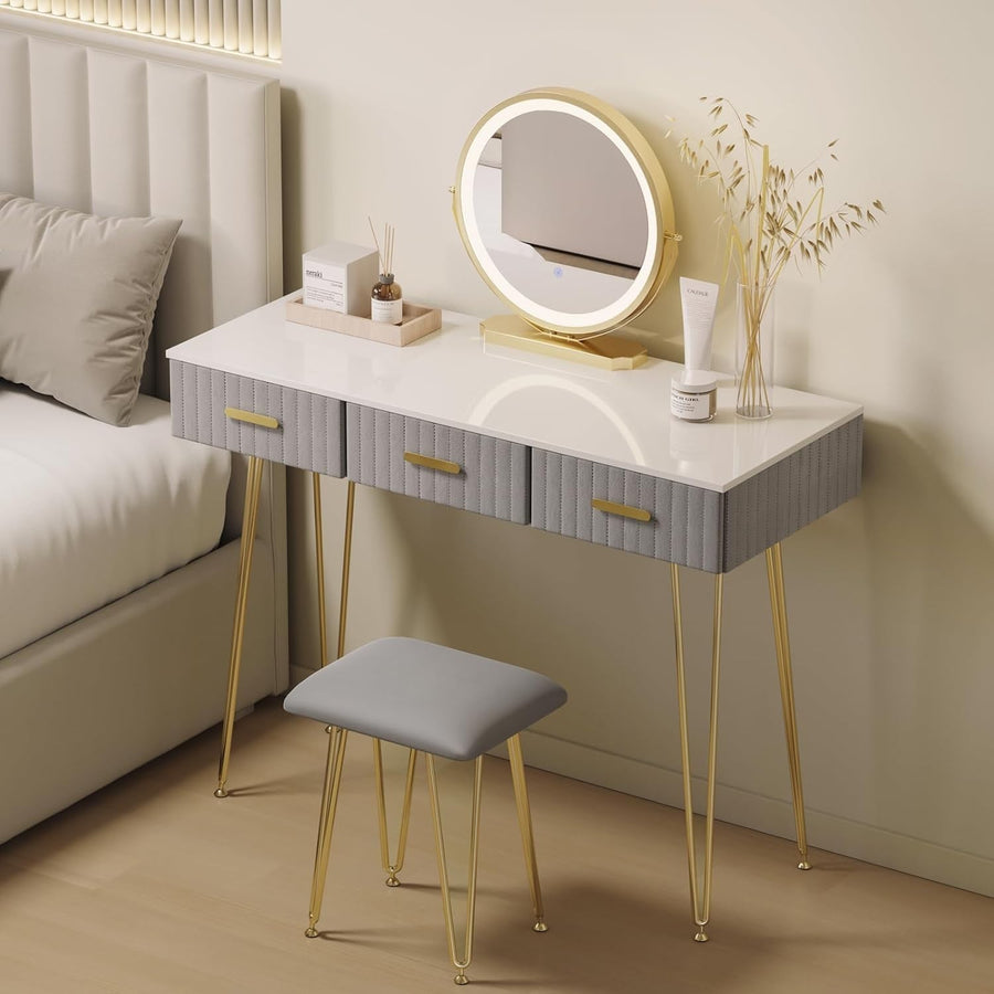 Velvet Vanity Dressing Table Set LED Mirror Stool 3 Drawers Desk White Gold