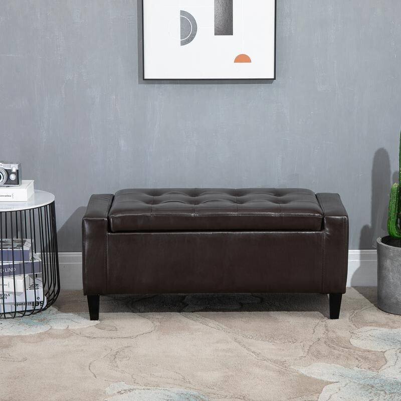 Brown Faux Leather Storage Ottoman Bench – Tufted Flip-Top Chest Seat 92cm