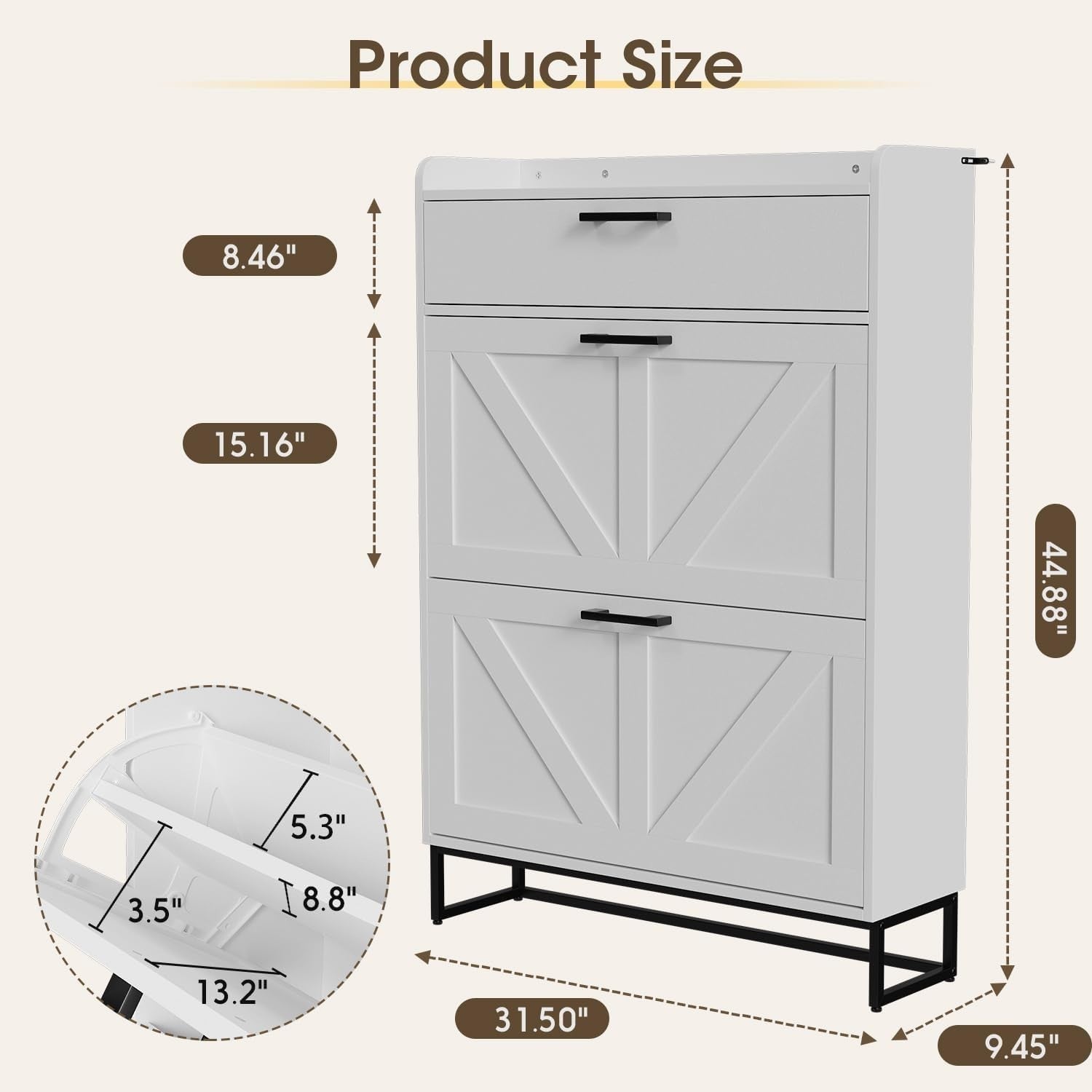 Narrow Shoe Cabinet with 3 Flip Drawers & Adjustable Shelves – Large Storage