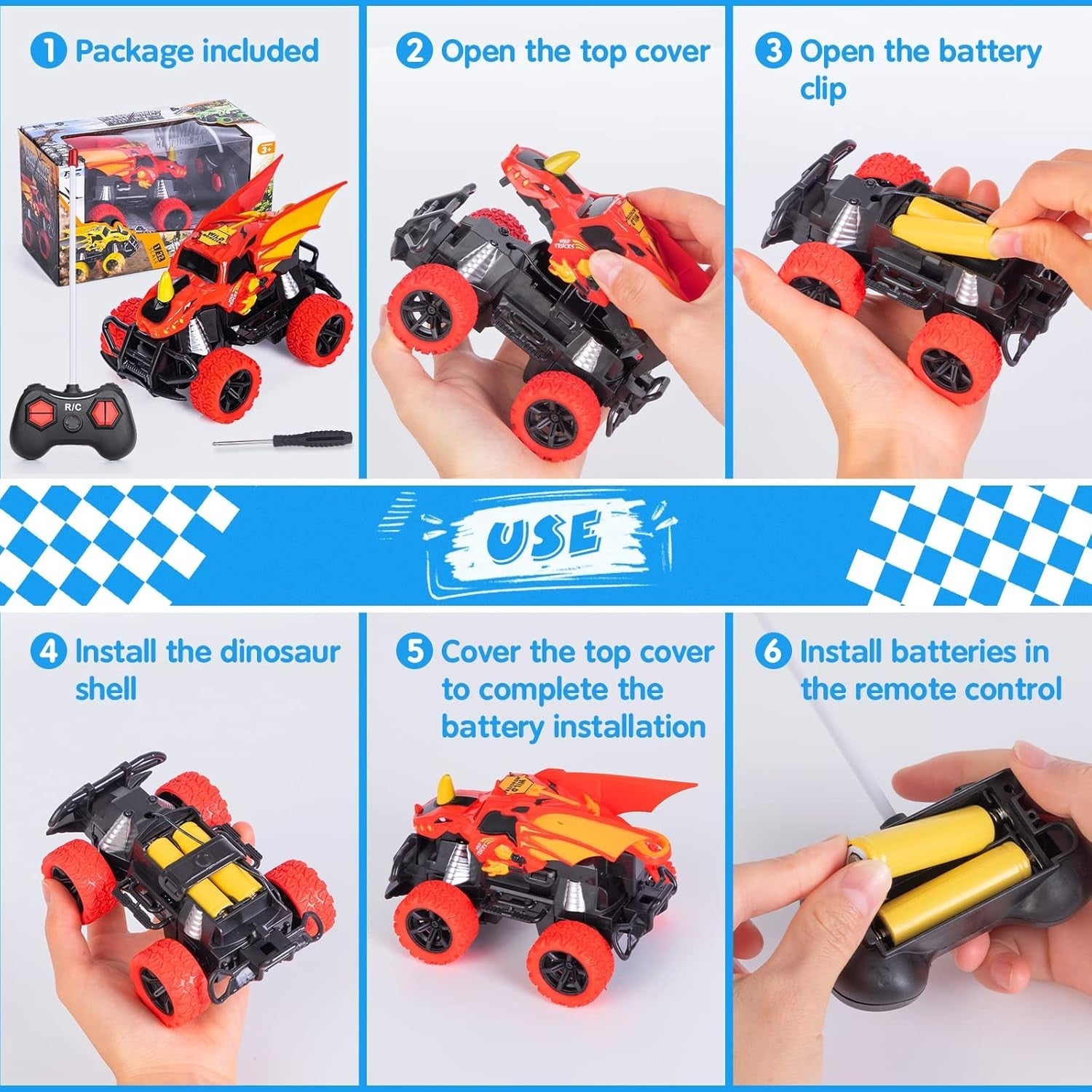 Dinosaur RC Car 4-Channel Remote Control Monster Truck LED Lights Toy for Kids 3