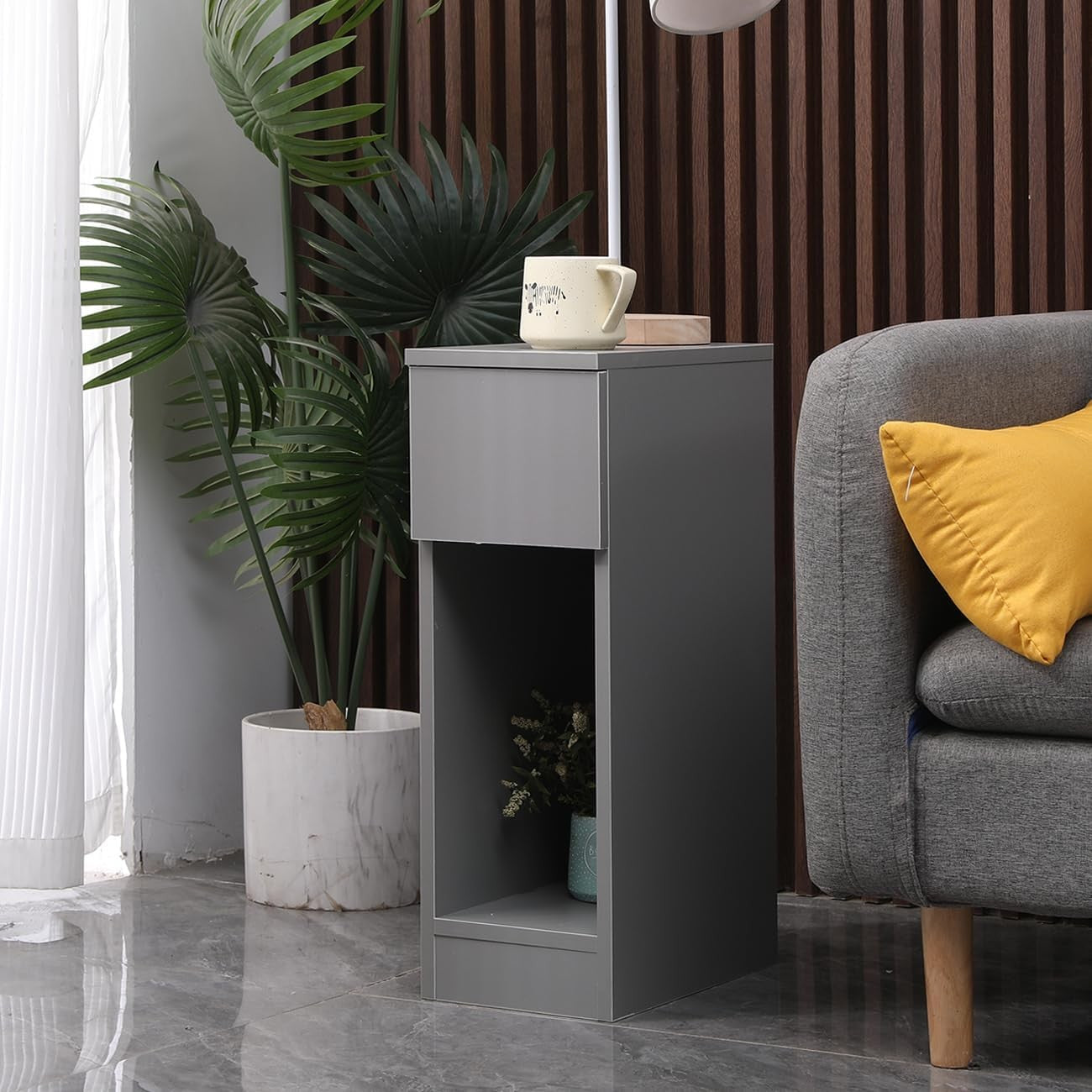 Slim Grey Bedside Table with Drawer & Shelf, Modern Narrow Nightstand Storage